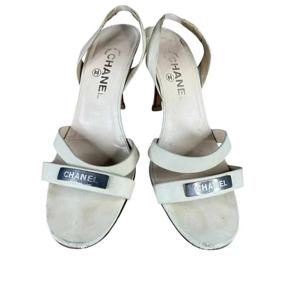 Chanel Ivory Leather Slingback Heels Logo Strap Sandals EU 39 US 8.5